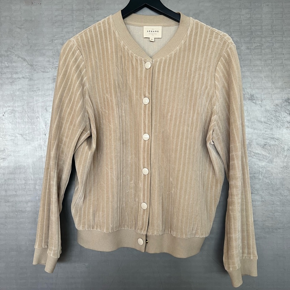 Sezane Neutral Beige Ribbed Velvet Button Cardigan Jacket